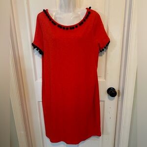 Boden Red Orange Bridget Jersey T-Shirt Dress with Navy Blue Pom Poms Size 12